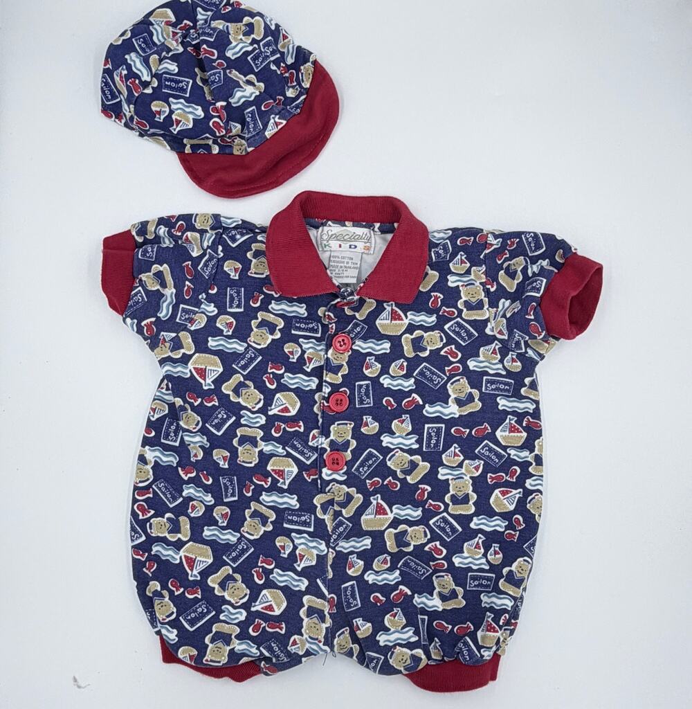 Vintage Specialty Kids Baby Boy Sailor Theme Bubble Romper & Hat 3/6 Months